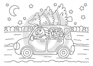 Snowman and unicorn are driving a car for the Christmas holiday. Coloring book page for kids. Cartoon style character. Vector