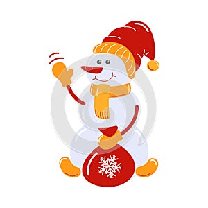 Snowman in warm hat and scarf greets with his hand, holds bag.