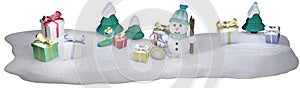 Snowman with a Warm Knited Cap Surrounded by Square Boxes with Glossy Bow: Long web banner format.