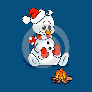 Snowman warming himself bonfire joke greeting card new year illustration cartoon