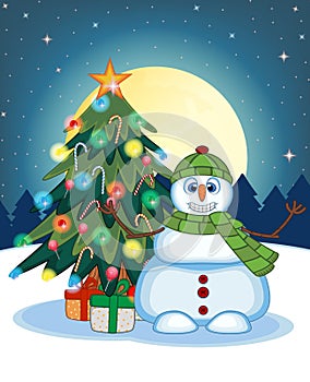 Snowman Wearing A Green Hat And Green Scarf Waving His Hand With Christmas Tree And Full Moon At Night Background For Your Design