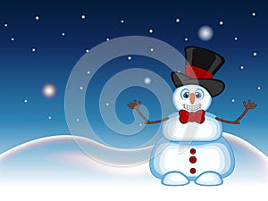 Snowman wearing a hat hat and bow ties waving his hand with star, sky and snow hill background for your design vector illustration