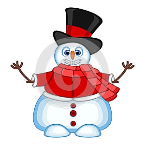 Snowman wearing a hat, red sweater and red scarf waving his hand for your design vector illustration