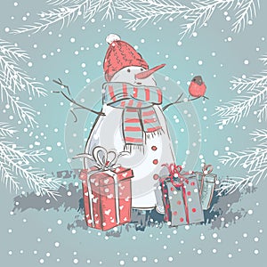 Snowman wearing hat and scarf. Vector christmas card snowman with a gifts and birds