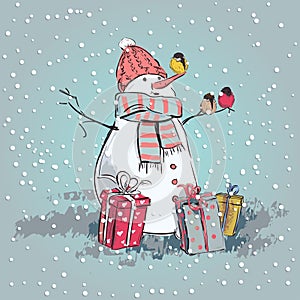 Snowman wearing hat and scarf. Vector christmas card snowman with a gifts and birds