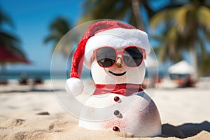 snowman wearing red sunglasses and santa hat on tropical beach, happy sandy snowman with sunglasses and Santa hat on sunny