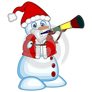 Snowman wearing a Santa Claus costume blowing horns for your design Vector Illustration