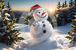 Snowman Wearing a Santa Hat Embellished with Holly Sprigs, Standing in a Winter Wonderland, Carrot Nose