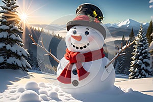 Snowman Wearing a Santa Hat Embellished with Holly Sprigs, Standing in a Winter Wonderland, Carrot Nose