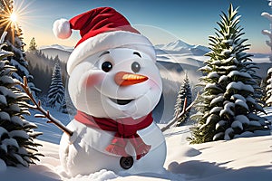 Snowman Wearing a Santa Hat Embellished with Holly Sprigs, Standing in a Winter Wonderland, Carrot Nose