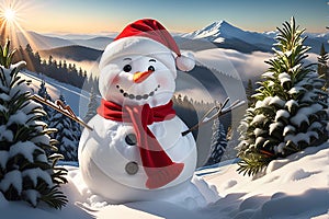 Snowman Wearing a Santa Hat Embellished with Holly Sprigs, Standing in a Winter Wonderland, Carrot Nose
