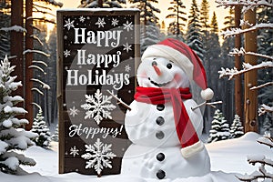 Snowman Wearing Santa Hat Leaning Against a Vintage Wooden Sign that Reads \