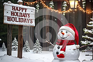 Snowman Wearing Santa Hat Leaning Against a Vintage Wooden Sign that Reads \