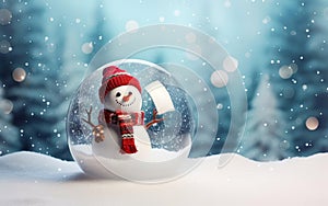 Snowman wearing a scarf in a snow globe