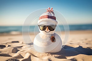 Snowman wearing sunglasses on the beach. Christmas and New Year concept, happy sandy snowman with sunglasses and Santa hat on