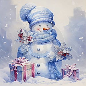 Snowman win Christmas setting watercolor painting