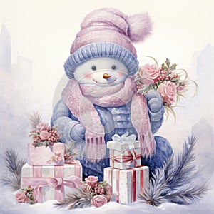 Snowman win Christmas setting watercolor painting