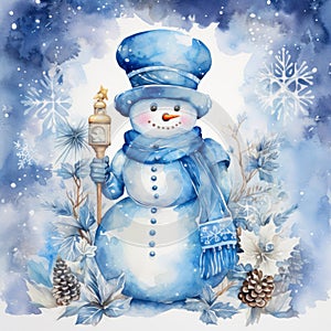 Snowman win Christmas setting watercolor painting