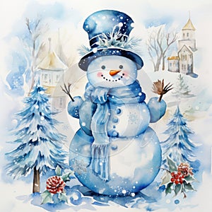 Snowman win Christmas setting watercolor painting
