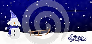 Snowman Winter background ,Merry Christmas golden Banner snow and snowflakes , greeting card with copy-space