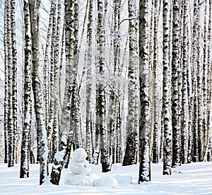 Snowman in winter birch forest