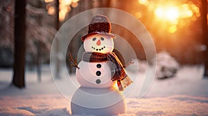 snowman in winter christmas scene with snow pine trees and warm light