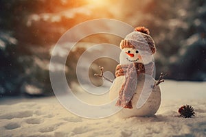 Snowman in a winter Christmas scene with snow, pine trees and warm light. Merry Christmas background