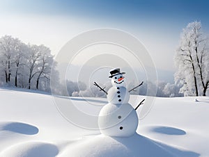 Snowman in the winter forest. Christmas and New Year background. Ai generative