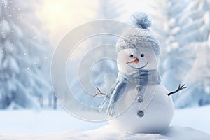 Snowman in the winter forest. Christmas and New Year background, Panoramic view of happy snowman in winter secenery with copy