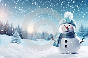 Snowman in winter forest. Christmas and New Year holidays background, Panoramic view of happy snowman in winter secenery with copy