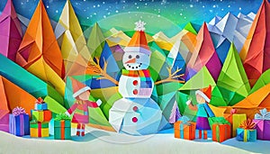 Snowman in winter landscape, Christmas decoration card, Merry Christmas illustration, ai generated
