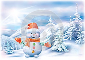 Snowman on a winter landscape