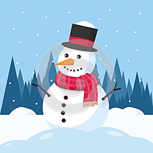 Snowman with winter landscape and snow.