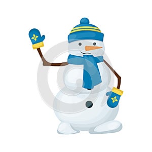 Snowman winter merry christmas character isolated on white background vector illustration. Cute snow man with scarf hat