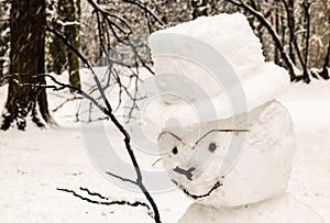 Snowman. Winter in the Polish Aviators Park in Krakow