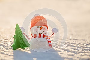 Snowman in winter wonderland scene. Christmas, New Year postcard design. Wintertime magic. Snowman in december snow at sunset