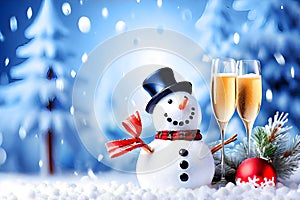 Snowman wishes you a wonderful Christmas and Happy new year with two glass of champagne in the snow