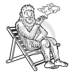 Snowman yeti smoking sketch engraving vector