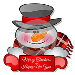 The snowmans head in tophat. Sketch for greeting card, festive poster or party invitations.The attributes of Christmas