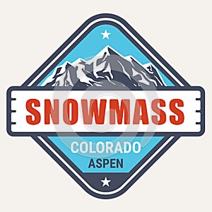 Snowmass village, Colorado ski resort stamp, Aspen emblem with snow covered mountains
