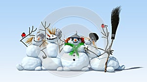 Snowmen and bullfinches are on a white background