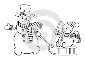 Snowmen Colouring Page. Cute Christmas Snowman Pulling Sleigh with Baby Snowman. Vector Christmas Family of Snowmen