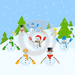 Snowmen group. Christmas Landscape