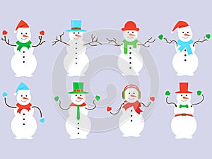 Snowmen set isolated on white background. Snowmen dressed in hats, scarves, mittens, ties, headphones and bow tie for suit.