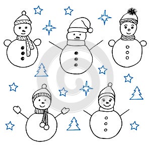 Snowmen set vector illustration hand drawing doodle