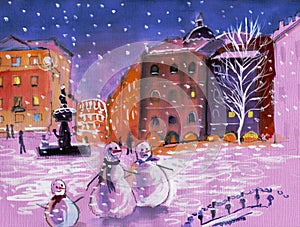 Snowmen on the square on New Year\'s Eve