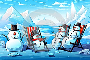 Snowmen with top hat, carrot and nose lying in a deckchair at the North Pole. Holiday background