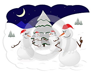Snowmen winter snow snowballs game fun Christmas trees