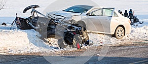 Snowmobile accident, skidoo overturn on snow