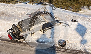 Snowmobile accident, skidoo overturn on snow